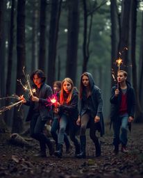 Immerse yourself in a dramatic, cinematic photograph showcasing a group of friends with extraordinary abilities venturing int