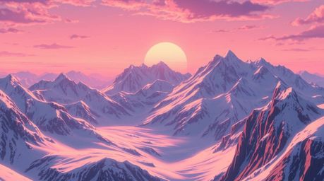 Immerse yourself in a breathtaking Isekai anime-style close-up featuring snow-capped mountains bathed in the radiant glow of 
