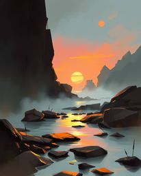This digital sketch, created in an unfinished concept art style, captures a sunset sky mirrored in tidal pools. The piece is 