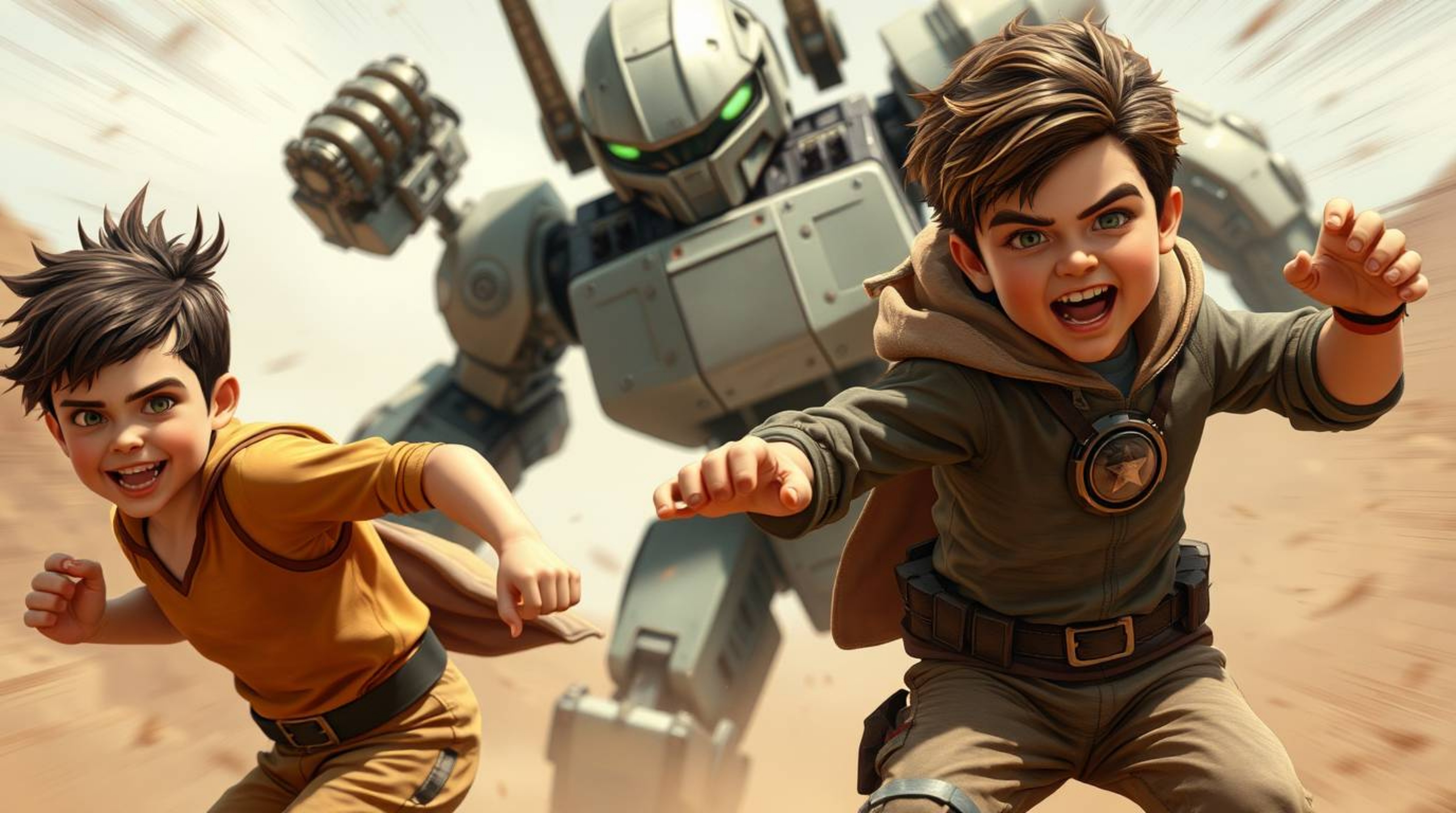 Witness an epic clash between three superpowered children and a formidable robot! This action-packed scene features dynamic p