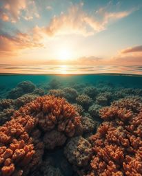A dreamlike, mystic, and enchanting scene captures a coral reef at low tide under the warm glow of a golden sky. The artwork 