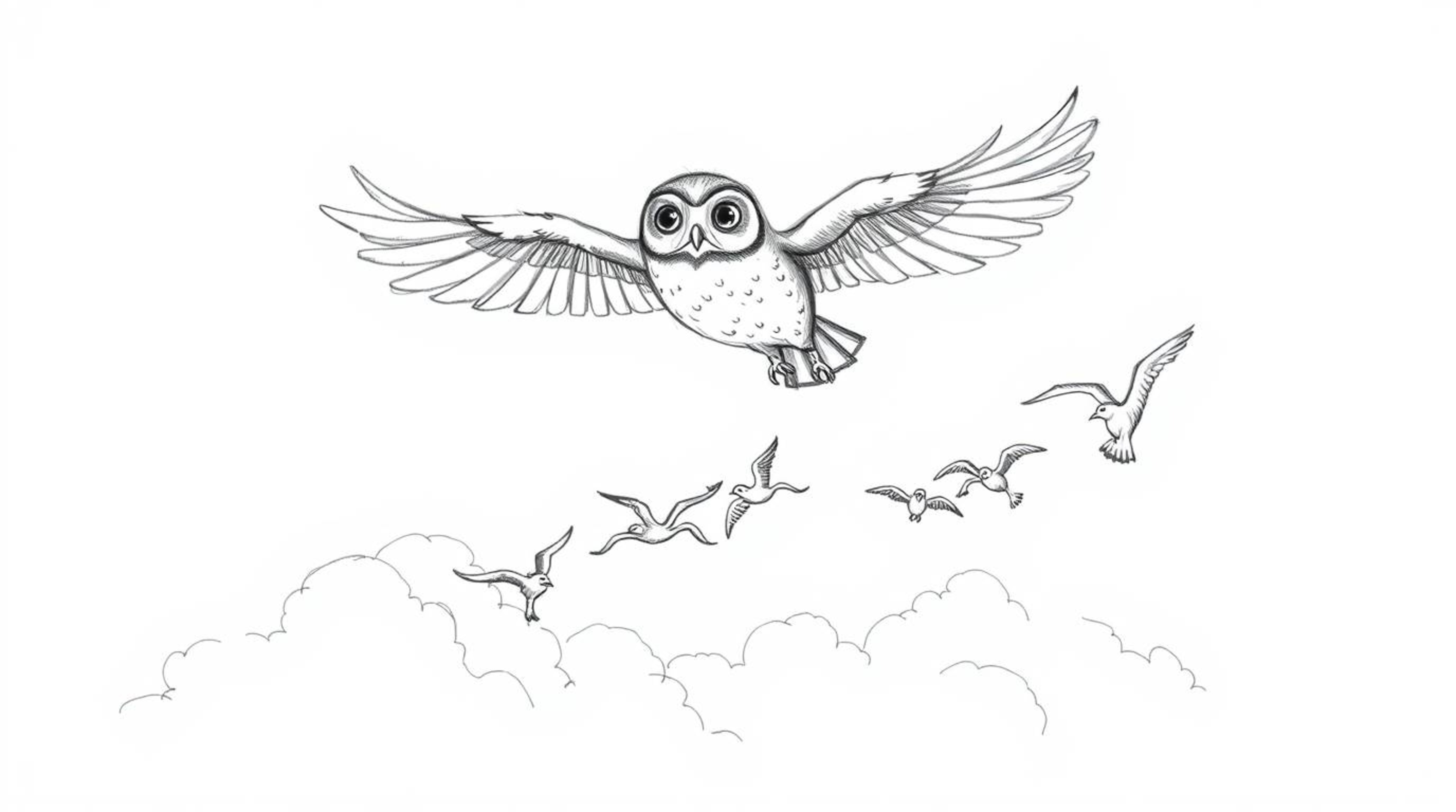 A heartwarming hand-drawn sketch in the style of Pixar depicts a blind owl soaring proudly above fluffy white clouds, embodyi