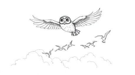A heartwarming hand-drawn sketch in the style of Pixar depicts a blind owl soaring proudly above fluffy white clouds, embodyi