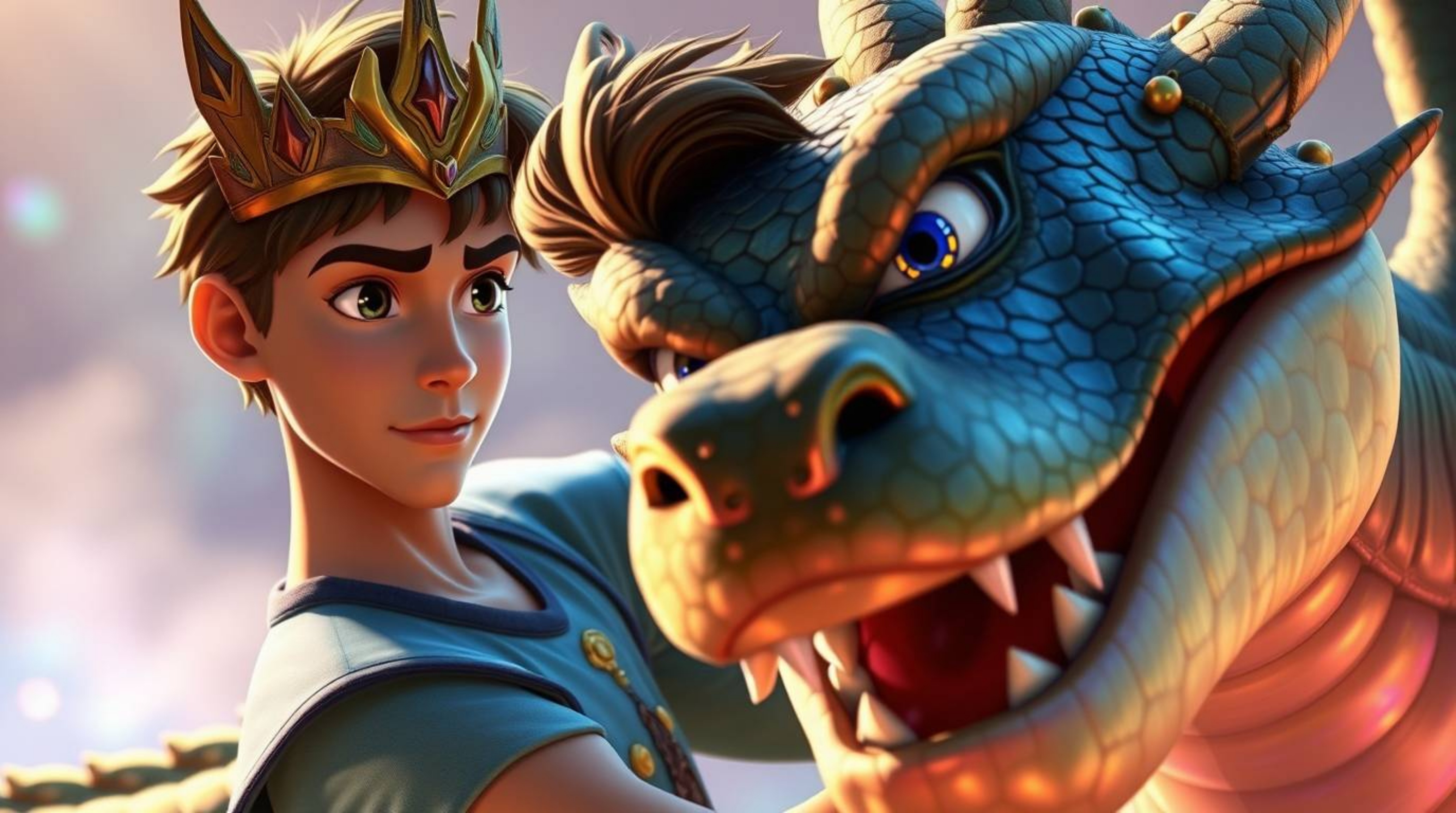 Witness a captivating scene reminiscent of 1950s animation, featuring a determined prince with light skin bravely battling a 
