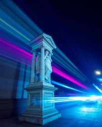 A captivating long-exposure photograph showcases a classical sculpture infused with a vibrant glitch effect and digital corru