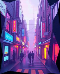 Immerse yourself in a visually arresting pixelated glitch image depicting a cyberpunk street scene rendered in intricate orig