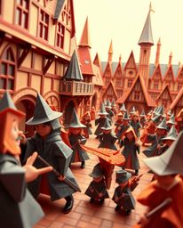Step into a whimsical world of young wizards at a magical school, brought to life with a dynamic origami style. This artwork