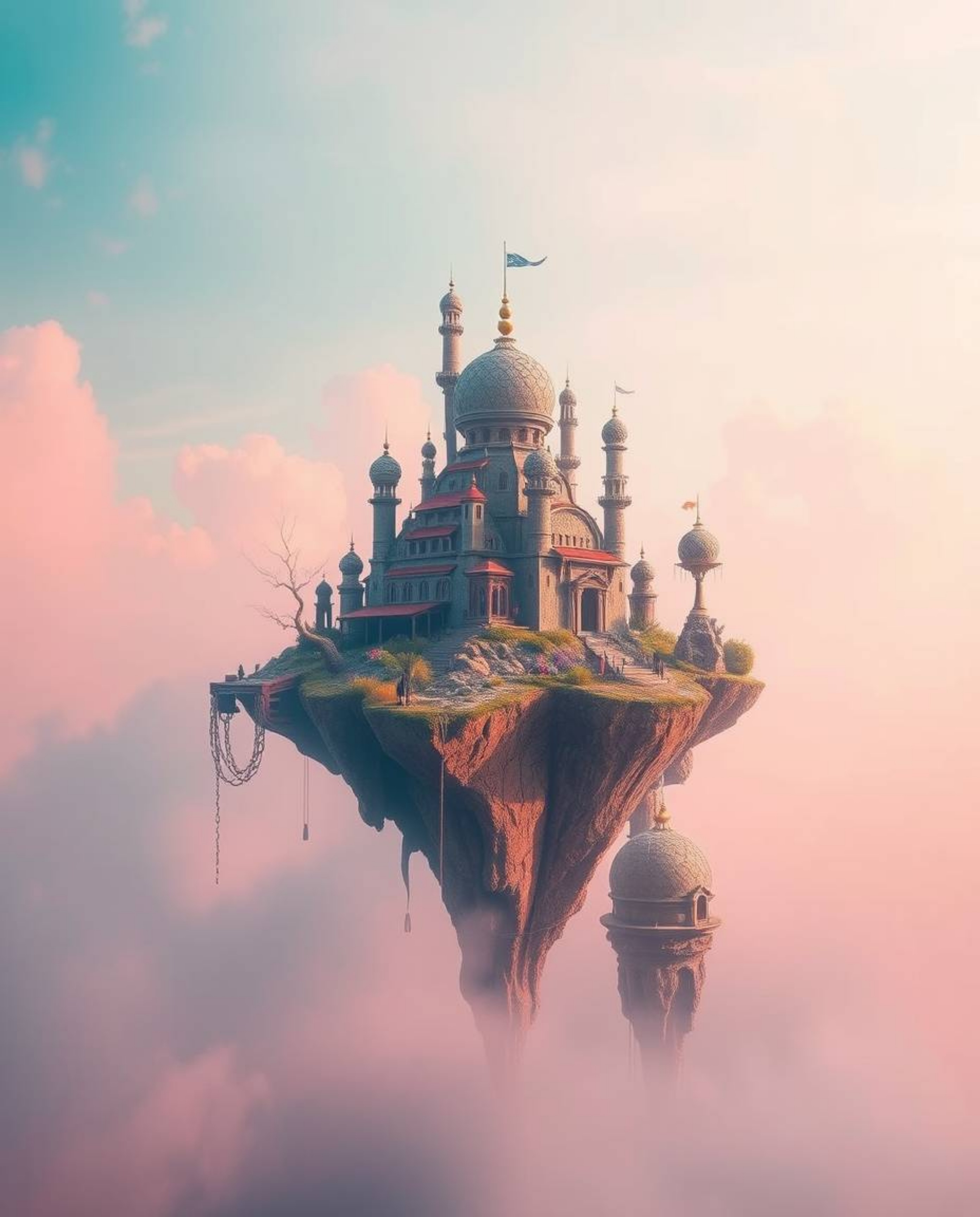Explore a captivating dreamscape featuring a surreal floating island adorned with strange architecture, bathed in hazy soft l