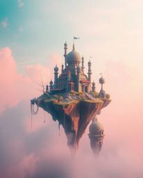 Explore a captivating dreamscape featuring a surreal floating island adorned with strange architecture, bathed in hazy soft l