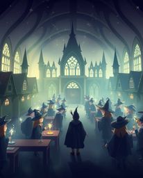 Explore a magical school teeming with young wizards, brought to life with a seamless smooth gradient transition. This scene s