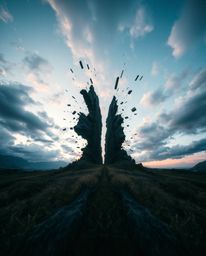 A captivating digital glitch landscape is presented from a low-angle perspective, showcasing a scene where the digital world 