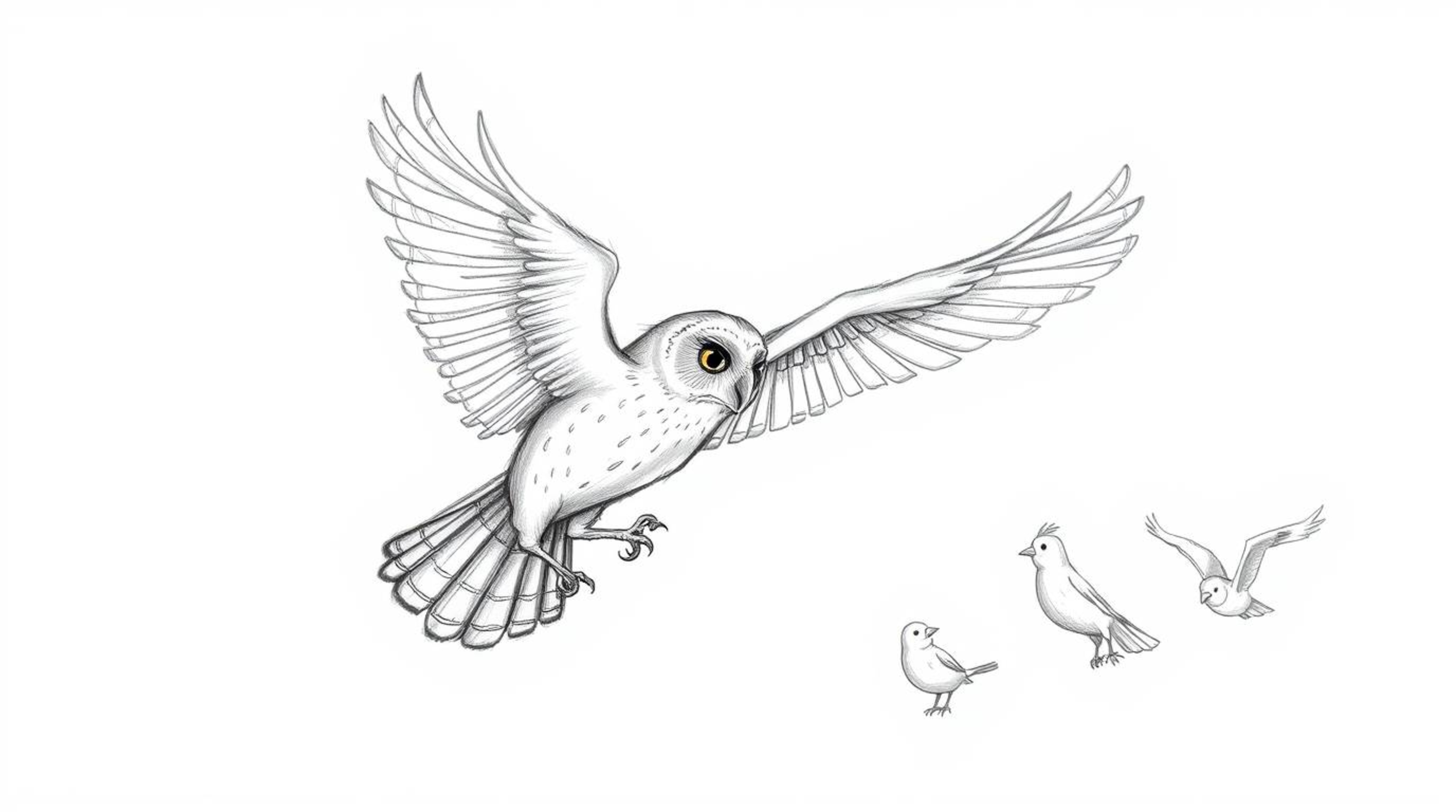A captivating hand-drawn sketch, evoking the charm of Pixar, depicts a blind owl soaring gracefully while instructing a flock