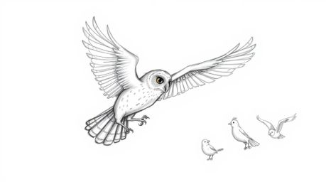 A captivating hand-drawn sketch, evoking the charm of Pixar, depicts a blind owl soaring gracefully while instructing a flock
