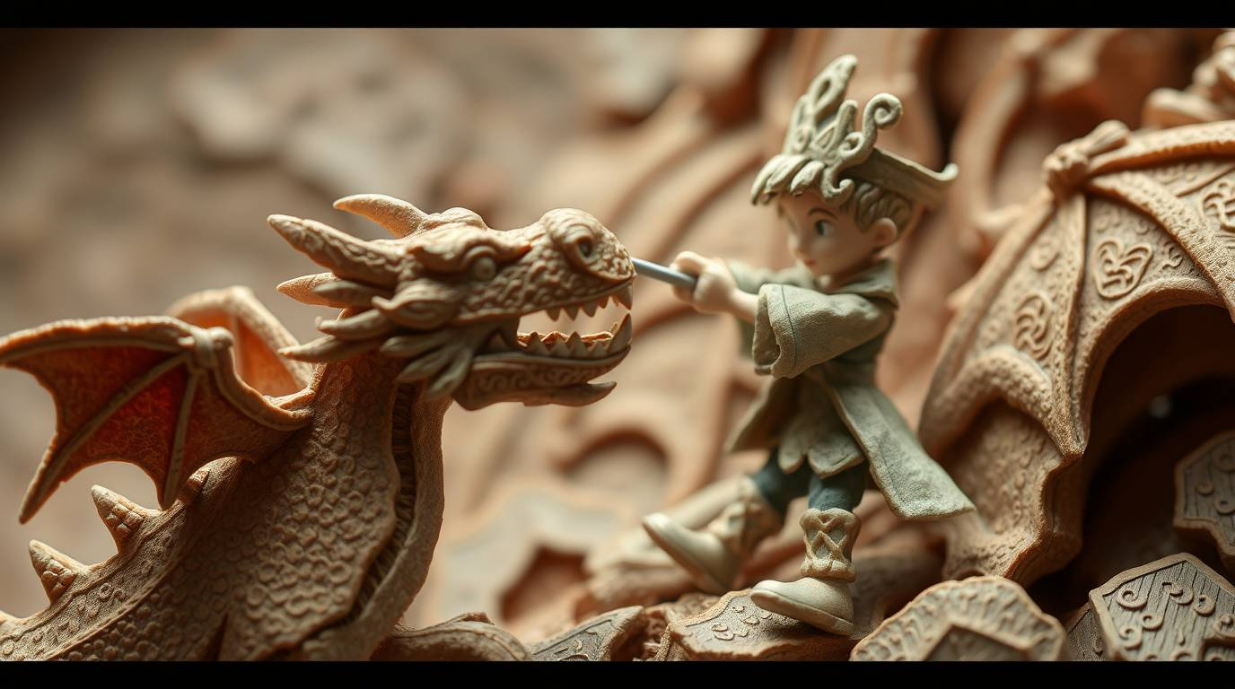 A captivating close-up reveals a charming papier-mâché sculpture depicting a prince battling a dragon, reminiscent of 1950s a