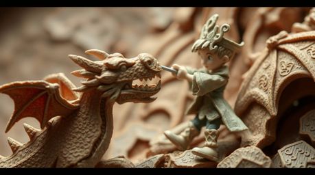A captivating close-up reveals a charming papier-mâché sculpture depicting a prince battling a dragon, reminiscent of 1950s a