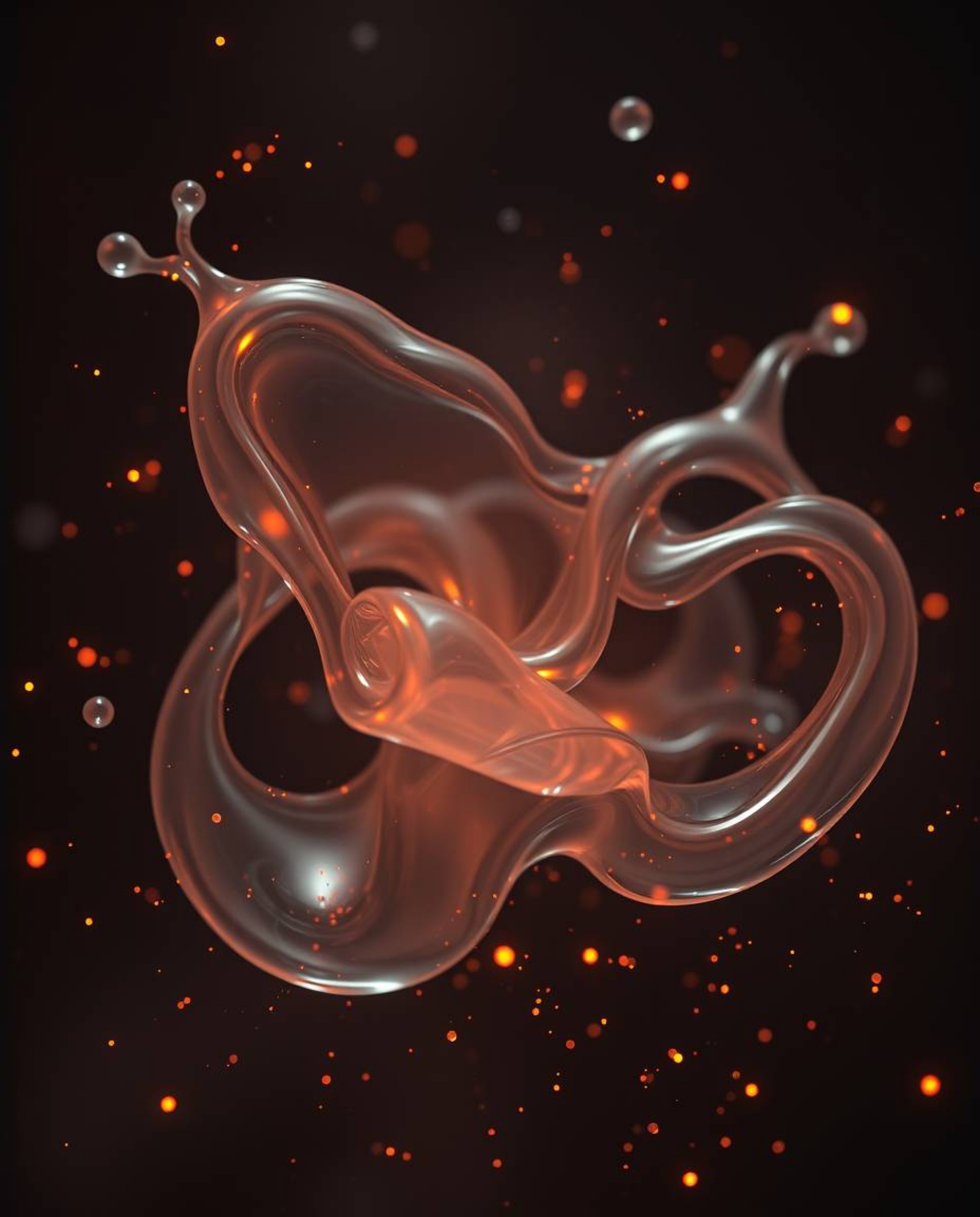 Eerie and captivating, this professional photograph showcases glassy fluid 3D shapes in mesmerizing motion, delicately contra