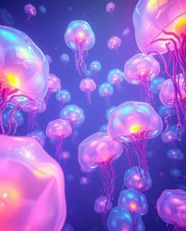 Experience an epic and amazing scene featuring glowing bioluminescent floating 3D blobs of fluid jelly with vibrant colors an