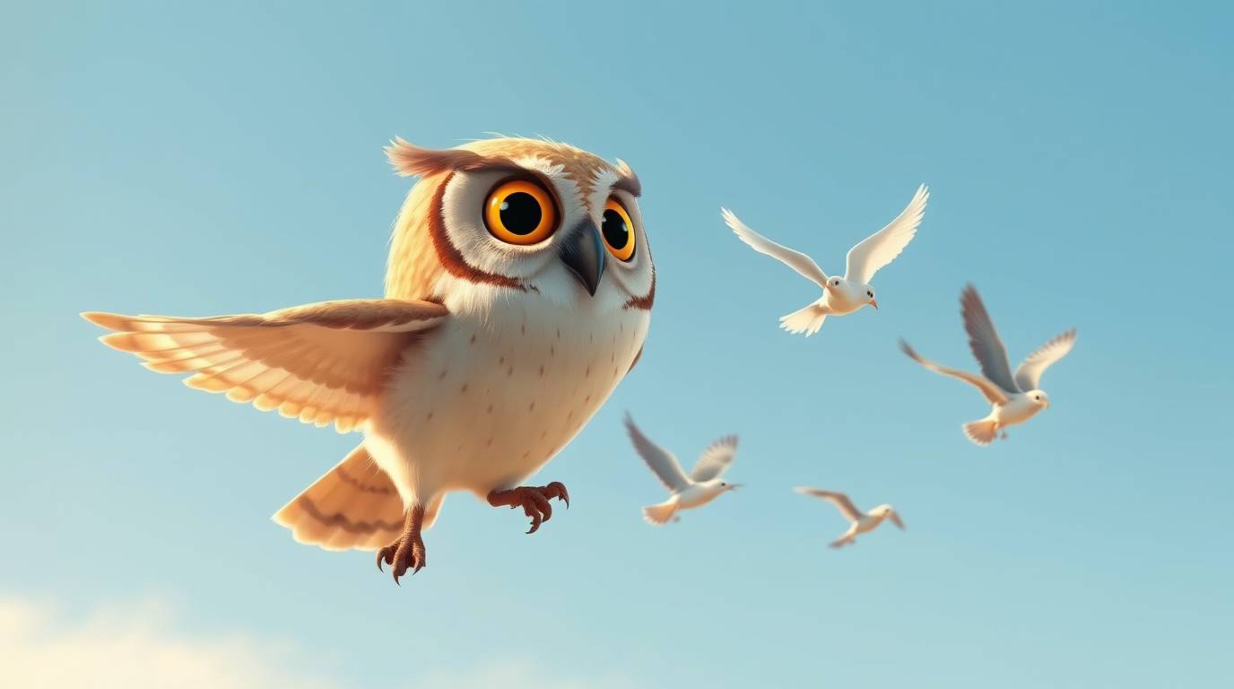 A stunning, high-resolution stock photo depicts a blind owl in a charming Pixar style, dedicated to teaching birds how to fly