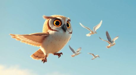 A stunning, high-resolution stock photo depicts a blind owl in a charming Pixar style, dedicated to teaching birds how to fly