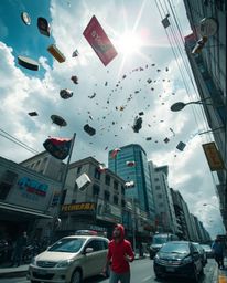 This captivating street photography image captures a surreal storm with flying objects and broken gravity, set against a back