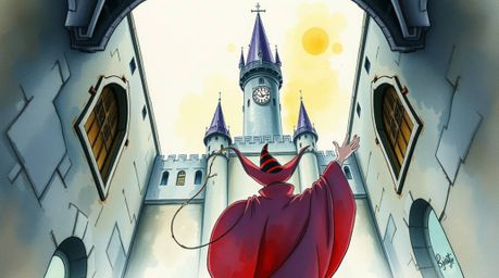 A captivating overhead watercolor painting depicts a classic Disney villain casting a spell within an ancient castle. The ar