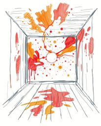 Explore a vibrant and chaotic scene with these hand-drawn sketches depicting a room exploding with paint. Featuring a warm pa