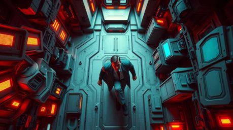 An overhead shot captures a high-tech villain's lair during a comedic meltdown. The scene boasts sharp lines, detailed struct