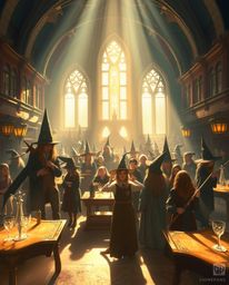 Experience the enchantment of a magical school teeming with young wizards, bathed in a gentle, warm golden light. The scene i