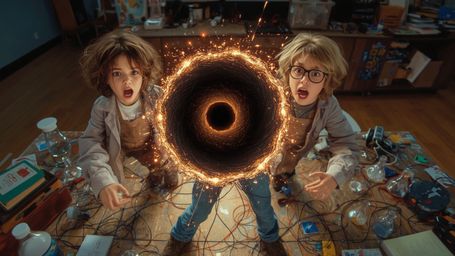 A vibrant, cinematic photograph in a stylized, Pixar-esque aesthetic captures a dynamic science fair duo, a girl and a boy, s