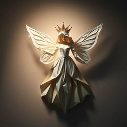 Discover a stunning image of a fairy godmother rendered in an intricate origami style. She emerges from sharply defined, geo