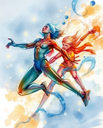 A dynamic watercolor painting depicting glassy, fluid 3D shapes in motion, encircled by glowing particles. Translucent washes