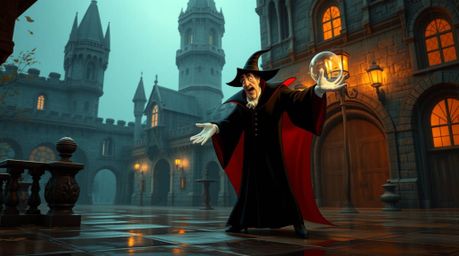 A classic Disney villain casts a powerful spell within the walls of an ancient castle. The scene is drenched in warm autumn