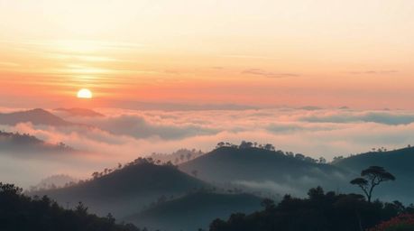 Explore captivating traditional tattoo art prints featuring fog-covered hills illuminated by a gentle sunset.  These vibrant 
