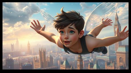 A stunning digital painting depicts a young boy with delicate features soaring above a meticulously detailed London cityscape