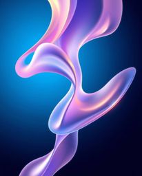 This artwork presents graceful and elegant futuristic 3D fluid shapes with glowing edges, set against a deep blue background.
