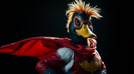 A superhero duck in a zany costume is brought to life with strong hard light and dramatic chiaroscuro effects. The detailed f