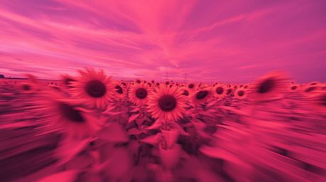 Experience a surreal and otherworldly landscape with this infrared-toned image of a dynamic, moving sunflower field beneath a