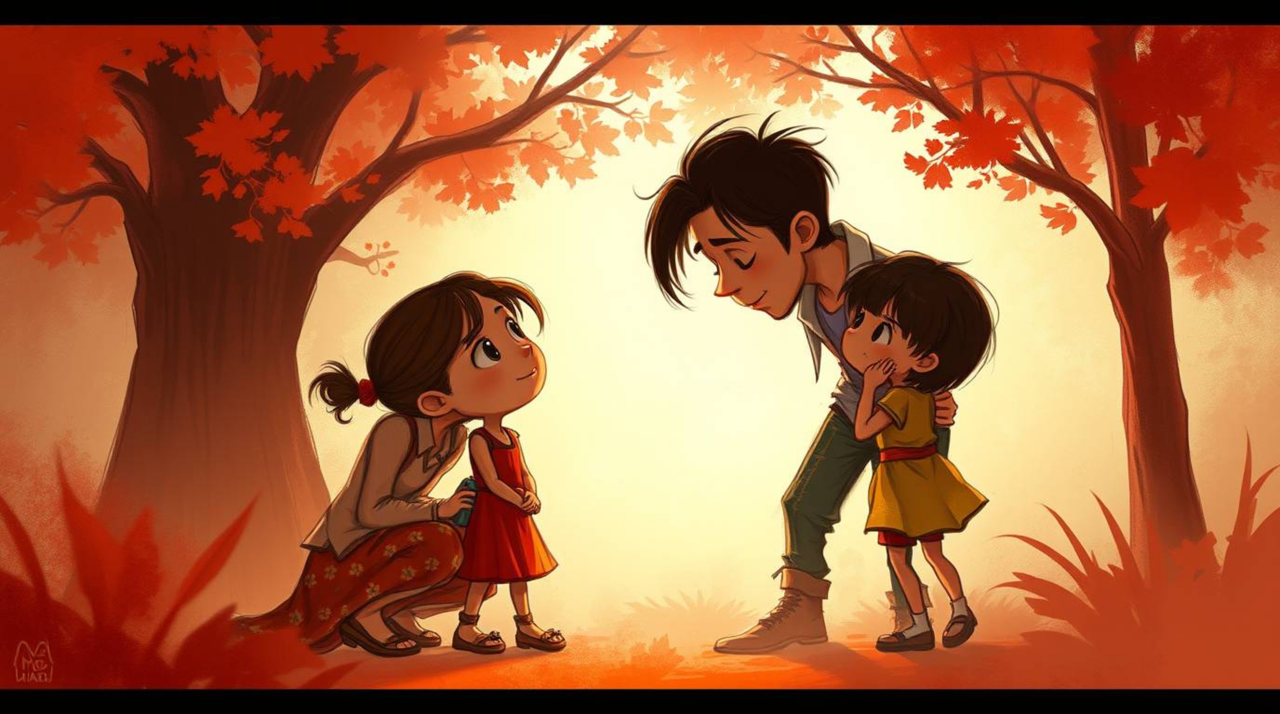 This digital sketch captures a heartfelt family reunion in a whimsical Pixar-esque fantasy setting. The painterly style utili