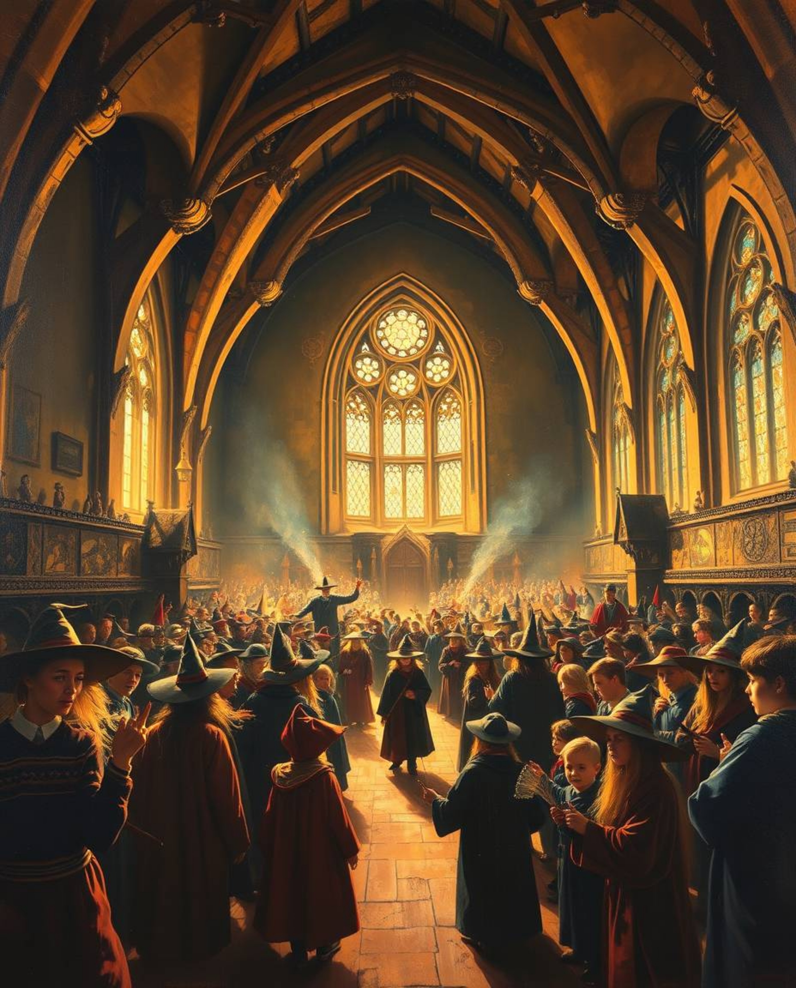 Immerse yourself in a grand and epic oil painting depicting a magical school teeming with young wizards, all bathed in the wa