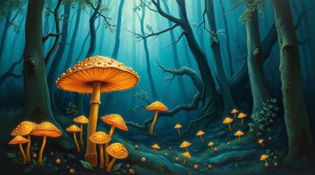 Immerse yourself in a vintage-style enchanted forest brought to life with the rich, deep teal hues of a classic oil painting.