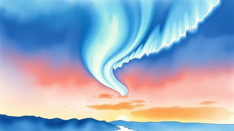 A stunning watercolor painting captures the ethereal beauty of the Northern Lights emerging over a vibrant sunset sky.  The t