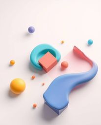 This modern, high-angle image features a flat design showcasing colorful 3D fluid shapes dynamically interacting with geometr