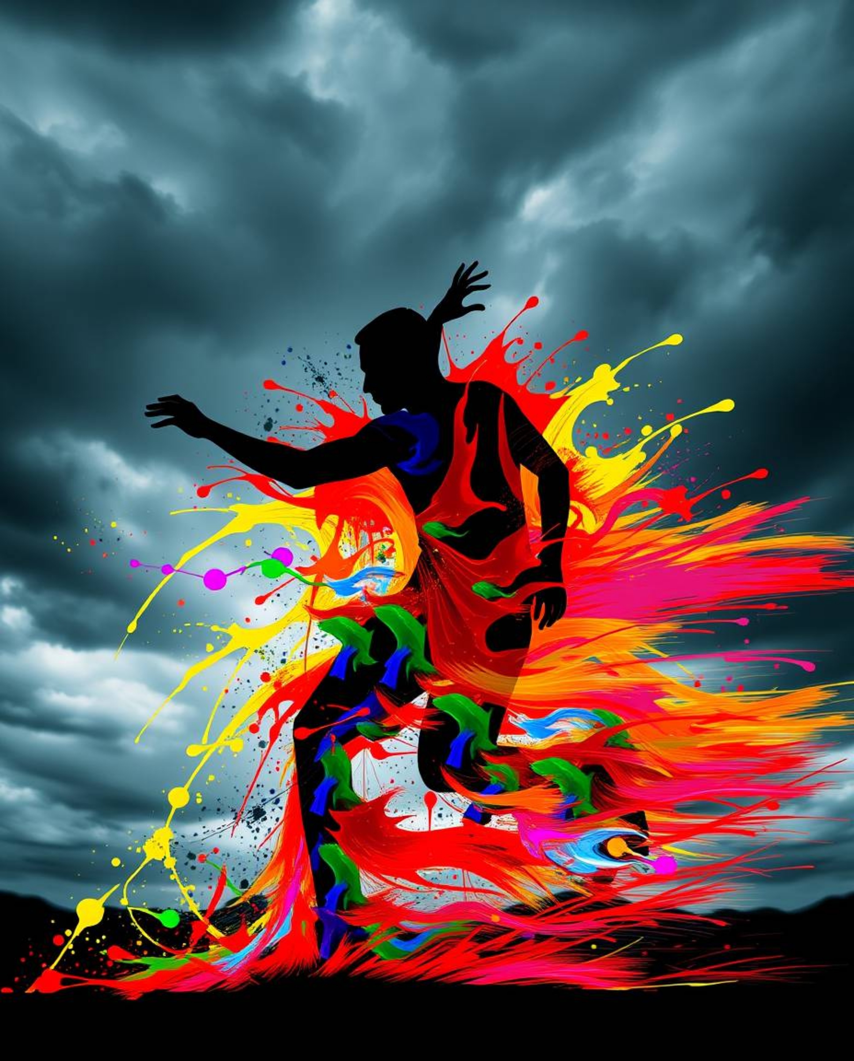 A dynamic motion photography piece showcasing a human silhouette ingeniously formed by vibrant and colorful splash patterns, 