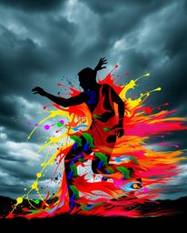 A dynamic motion photography piece showcasing a human silhouette ingeniously formed by vibrant and colorful splash patterns, 
