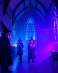 Immerse yourself in a magical school brimming with young wizards, bathed in deep ultraviolet and bioluminescent glow. The sce