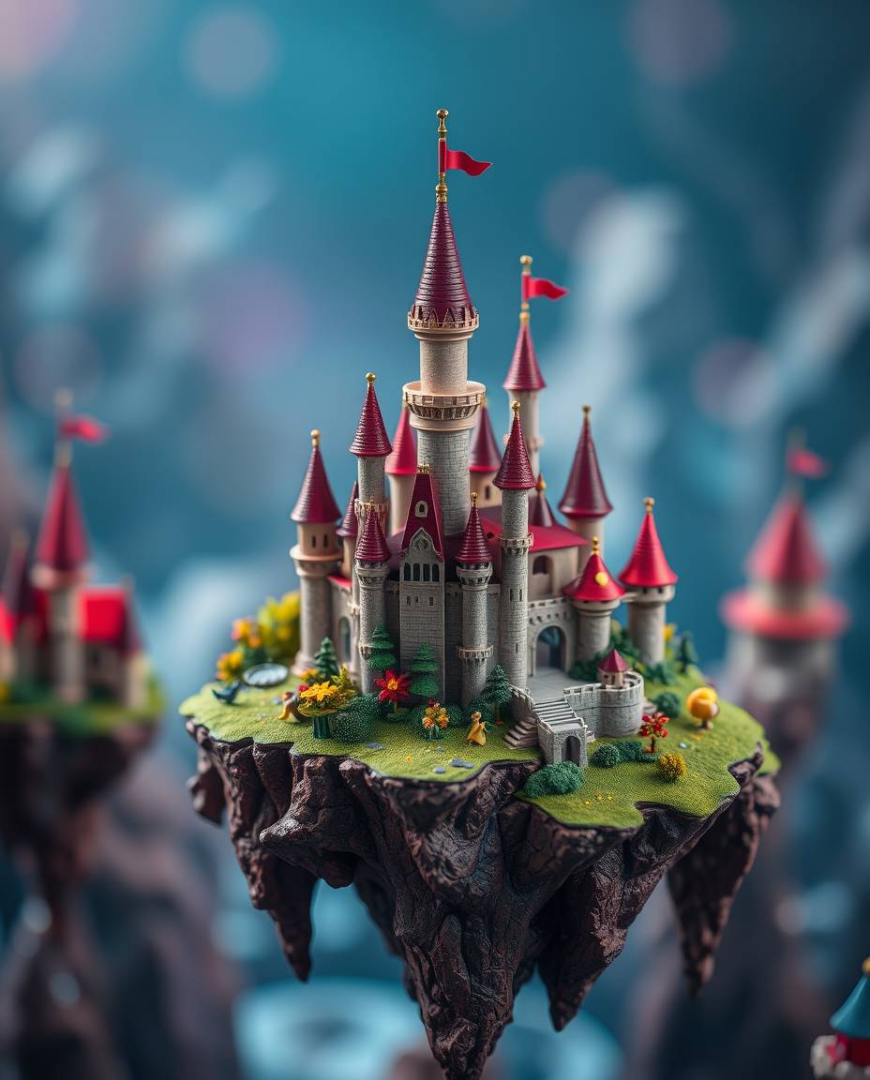 This image showcases a vibrant kingdom featuring floating islands and majestic castles, brought to life with a captivating bl