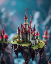 This image showcases a vibrant kingdom featuring floating islands and majestic castles, brought to life with a captivating bl