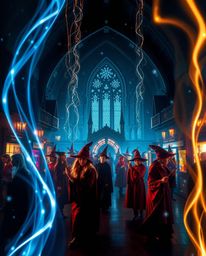 Experience a creative light art depiction of a magical school, brimming with young wizards and captivating artistic lighting 