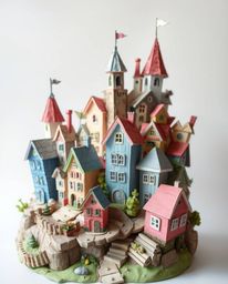 Explore a dynamic, layered papier-mâché sculpture evoking a sleepy town with pastel-colored houses in a watercolor style. The