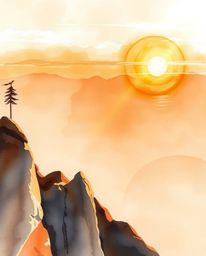 This delicate watercolor painting depicts a stunning sunset as viewed from a high alpine peak, bathed in warm golden hues. Th